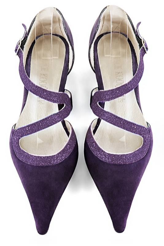Amethyst purple women's open side shoes, with snake-shaped straps. Pointed toe. Low block heels. Top view - Florence KOOIJMAN